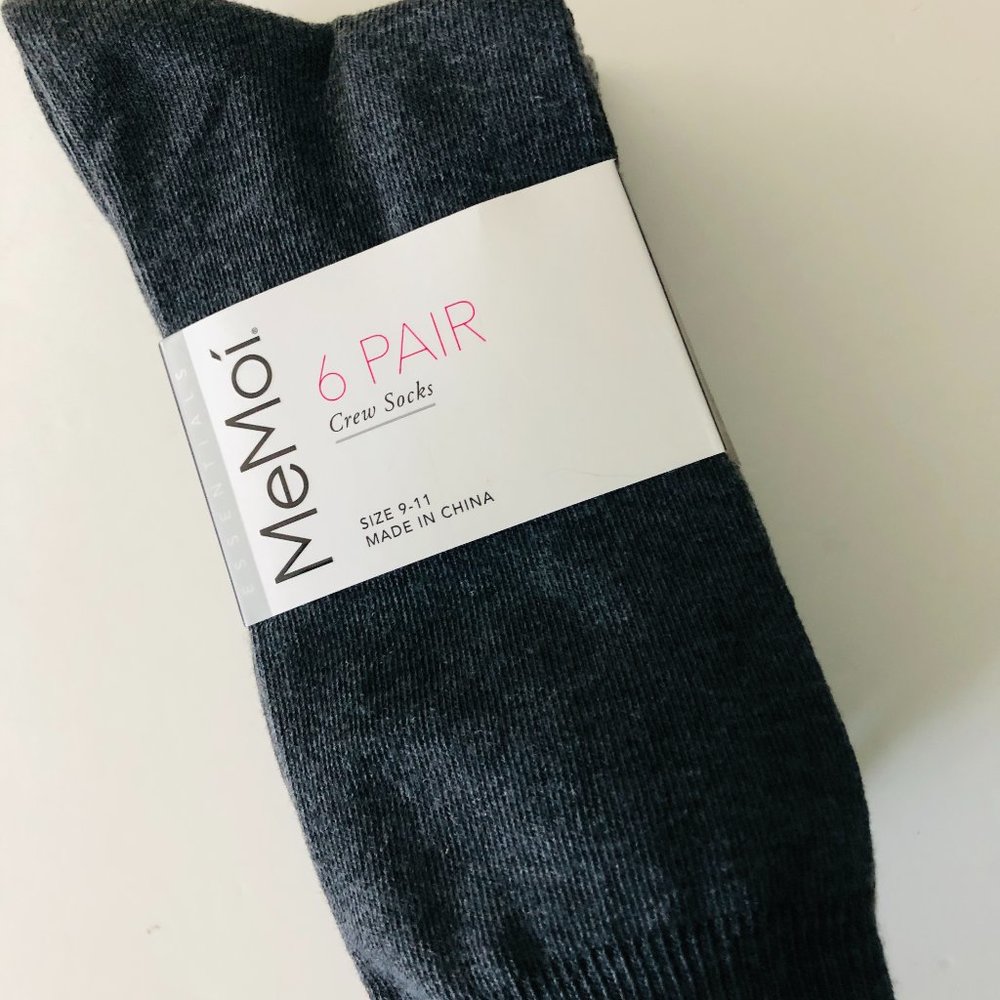 MEMOI ESSENTIALS  6 Pair Crew Socks NWT Size 9-11